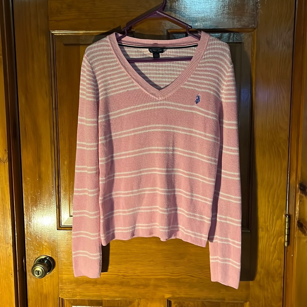 US Polo Assn Pink Striped V-neck Pullover Sweater Size Large